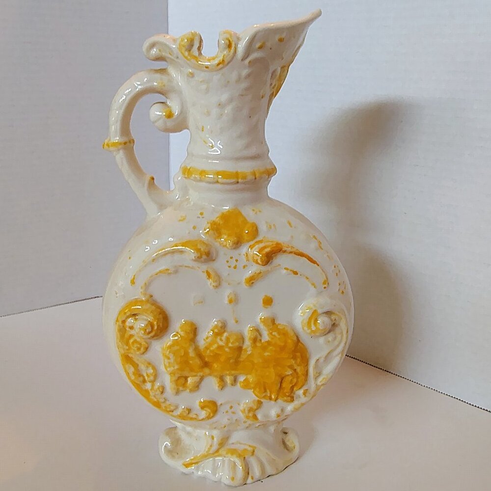 Vtg Mid Century Modern Ceramic Porcelain White/Yellow Pitcher Vase with Handle